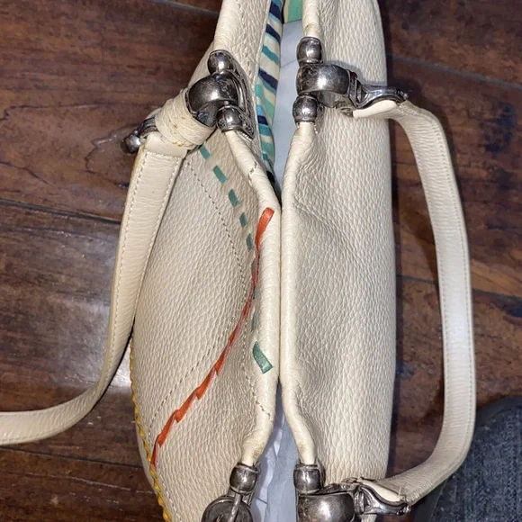 Brighton Purse Beige Leather Tote Double Strap Colorful Stitching - Picture 6 of 7